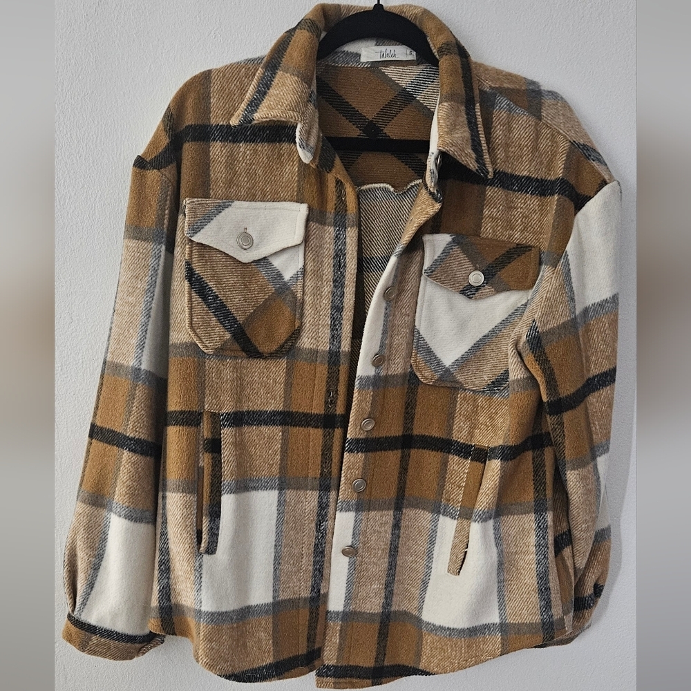 Talulah Brown Plaid Wool Blend Shacket Button Down Shirt Jacket Small